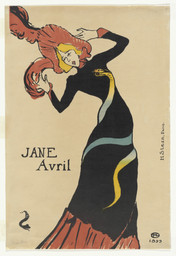 Henri de Toulouse-Lautrec. Jane Avril. 1899. Lithograph, composition: 22 1/16 × 14 1/16″ (56 × 35.7 cm); sheet: 22 1/16 × 15″ (56 × 38.1 cm). Publisher: Jane Avril, Paris. Printer: Henri Stern, Paris. Edition: 25. Gift of Abby Aldrich Rockefeller