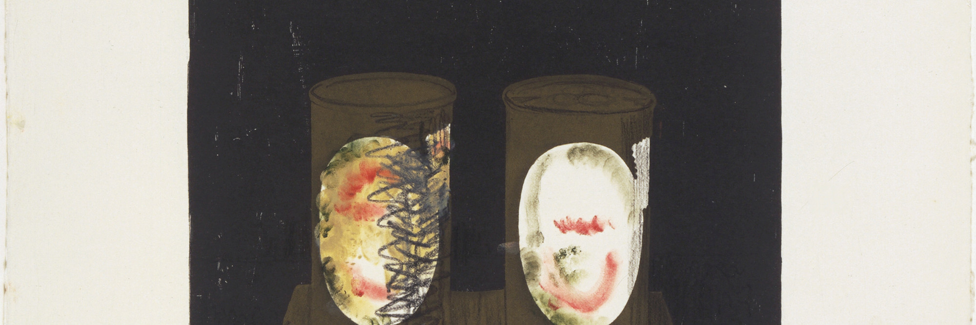 Jasper Johns. Working proof for Ale Cans. 1964. Lithograph with ink and crayon additions, Composition: 14 1/16 × 11″ (35.7 × 27.9 cm) Sheet: 22 5/8 × 17 5/8″ (57.5 × 44.8 cm). Gift of the artist in honor of Tatyana Grosman. © 2016 Jasper Johns / Licensed by VAGA, New York