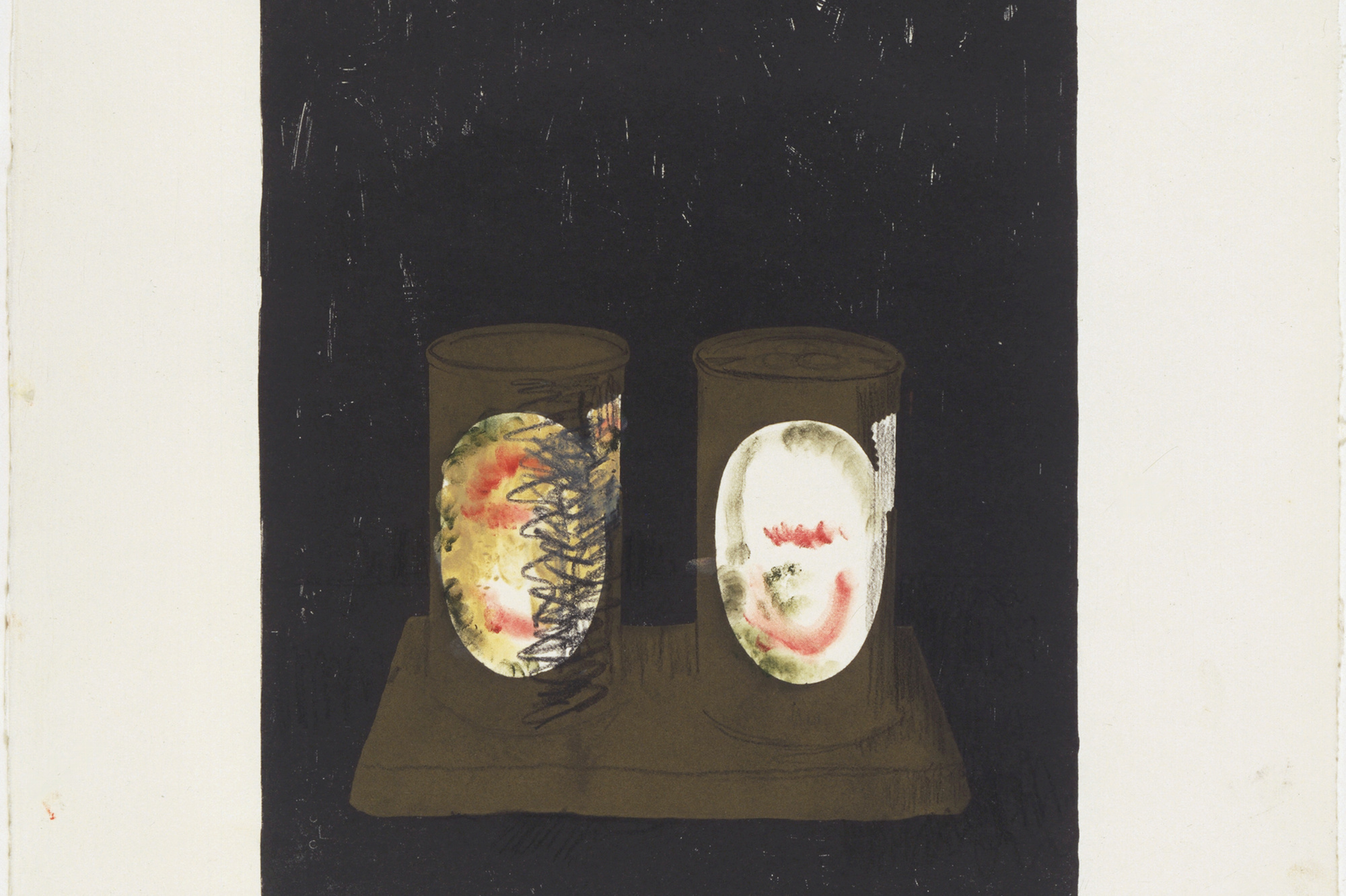Jasper Johns. Working proof for Ale Cans. 1964. Lithograph with ink and crayon additions, Composition: 14 1/16 × 11″ (35.7 × 27.9 cm) Sheet: 22 5/8 × 17 5/8″ (57.5 × 44.8 cm). Gift of the artist in honor of Tatyana Grosman. © 2016 Jasper Johns / Licensed by VAGA, New York