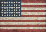 Jasper Johns. Flag. 1954–55 (dated on reverse 1954). Encaustic, oil, and collage on fabric mounted on plywood, three panels, 42 1/4 × 60 5/8″ (107.3 × 153.8 cm). Gift of Philip Johnson in honor of Alfred H. Barr, Jr. © 2016 Jasper Johns / Licensed by VAGA, New York, NY