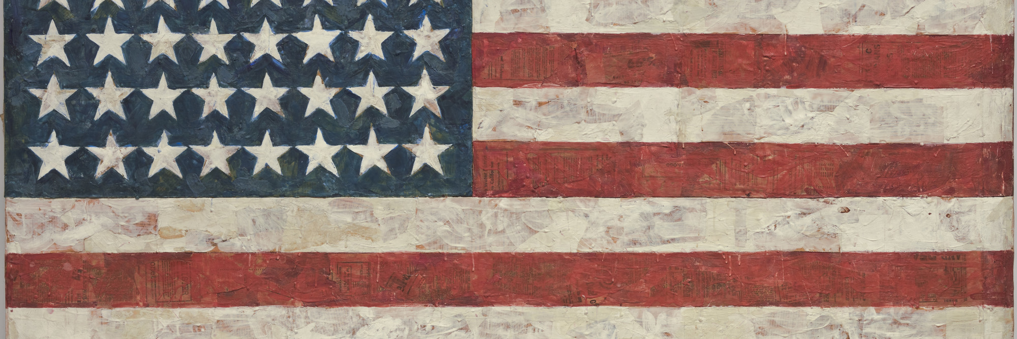 Jasper Johns. Flag. 1954–55 (dated on reverse 1954). Encaustic, oil, and collage on fabric mounted on plywood, three panels, 42 1/4 × 60 5/8″ (107.3 × 153.8 cm). Gift of Philip Johnson in honor of Alfred H. Barr, Jr. © 2016 Jasper Johns / Licensed by VAGA, New York, NY