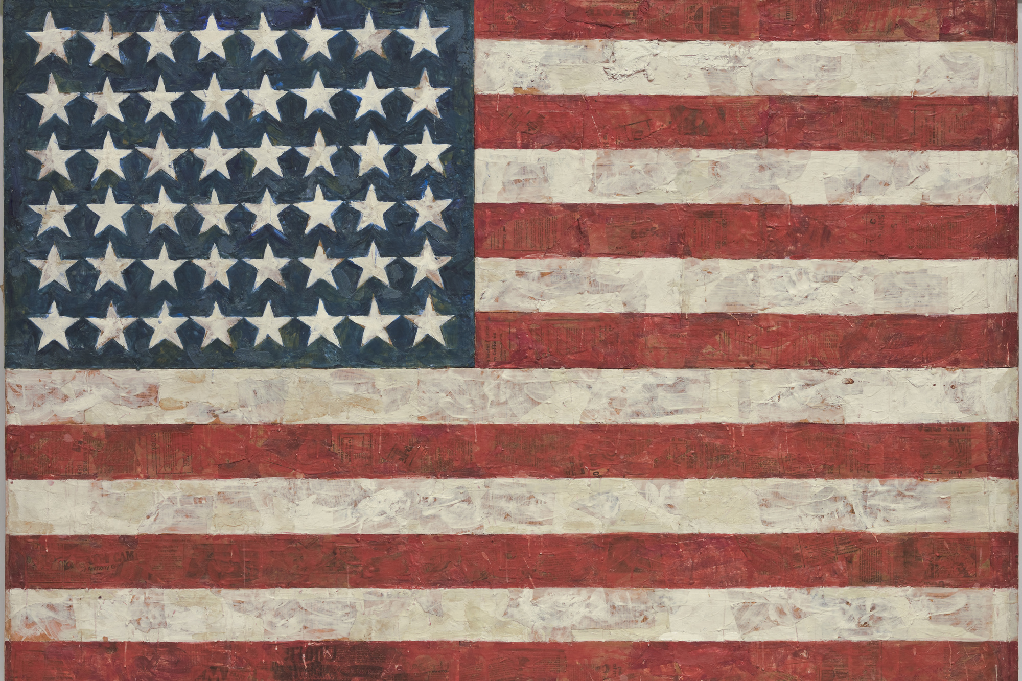Jasper Johns. Flag. 1954–55 (dated on reverse 1954). Encaustic, oil, and collage on fabric mounted on plywood, three panels, 42 1/4 × 60 5/8″ (107.3 × 153.8 cm). Gift of Philip Johnson in honor of Alfred H. Barr, Jr. © 2016 Jasper Johns / Licensed by VAGA, New York, NY