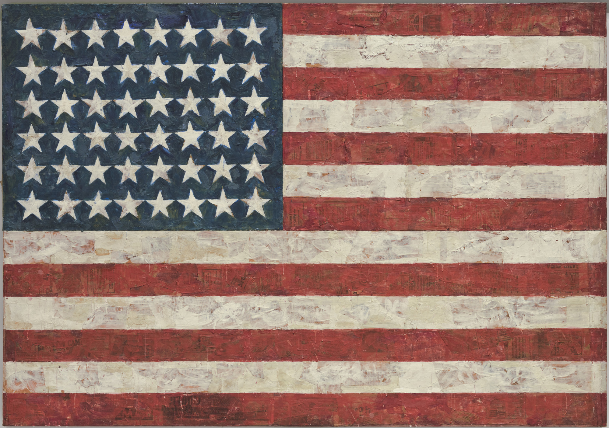 Jasper Johns. Flag. 1954–55 (dated on reverse 1954). Encaustic, oil, and collage on fabric mounted on plywood, three panels, 42 1⁄4 × 60 5/8″ (107.3 × 153.8 cm). Gift of Philip Johnson in honor of Alfred H. Barr, Jr. © 2016 Jasper Johns / Licensed by VAGA, New York, NY