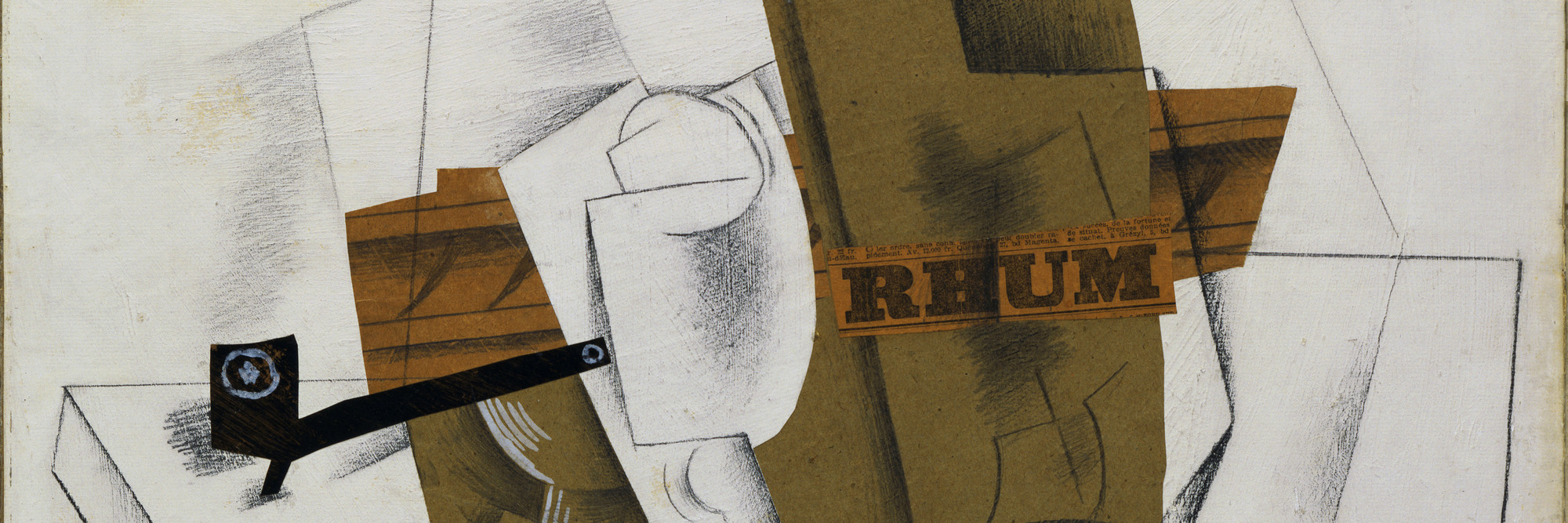 Pablo Picasso. Pipe, Glass, Bottle of Rum. March 1914. Cut-and-pasted colored paper, printed paper, and painted paper, pencil, and gouache on prepared board, 15 3/4 × 20 3/4″ (40 × 52.7 cm). Gift of Mr. and Mrs. Daniel Saidenberg. © 2008 Estate of Pablo Picasso / Artists Rights Society (ARS), New York