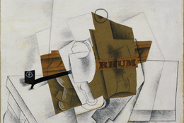 Pablo Picasso. Pipe, Glass, Bottle of Rum. March 1914. Cut-and-pasted colored paper, printed paper, and painted paper, pencil, and gouache on prepared board, 15 3/4 × 20 3/4″ (40 × 52.7 cm). Gift of Mr. and Mrs. Daniel Saidenberg. © 2008 Estate of Pablo Picasso / Artists Rights Society (ARS), New York