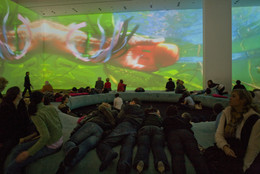 Pipilotti Rist. Pour Your Body Out (7354 Cubic Meters). 2008. Multichannel video projection (color, sound), projector enclosures, circular seating element, carpet. Installation view at The Museum of Modern Art, 2008. Photo: Thomas Griesel
