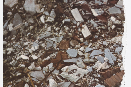 Robert Smithson. Torn Photograph from the 2nd Stop (Rubble) (2nd Mountain of Six Stops on a Section) from Artists &amp; Photographs. 1970. Offset lithograph, torn into four pieces from a portfolio of nineteen printed objects (including box cover), ea. approx. sheet 10 7/8 × 11″ (27.6 × 28 cm). Gift of Kynaston McShine