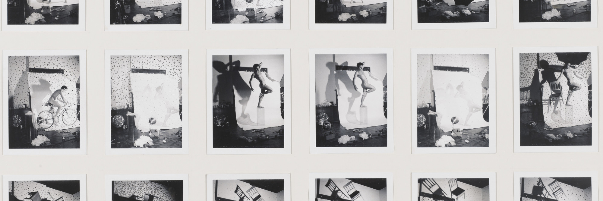 Lucas Samaras. Auto Polaroid. 1969–71. Eighteen black-and-white instant prints (Polapan), with hand-applied ink, each 3 3/4 × 2 15/16″ (9.5 × 7.4 cm), overall 14 5/8 × 24″ (37.2 × 61 cm). Gift of Robert and Gayle Greenhill. © 2016 Lucas Samaras