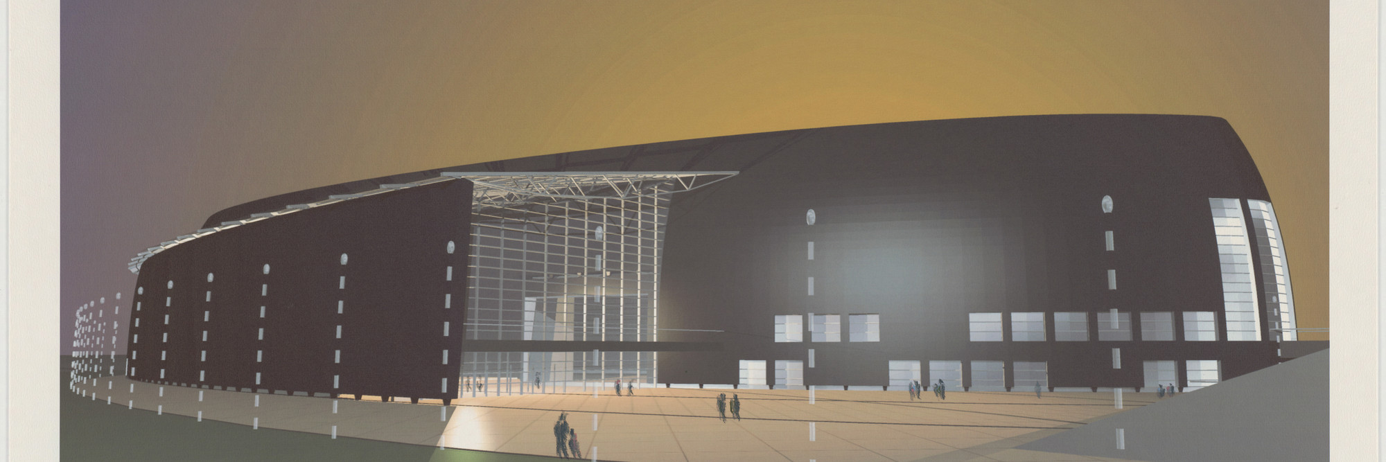 Arata Isozaki. Nara Convention Hall, Nara, Japan, Exterior perspective. 1992. Synthetic polymer paint on computer-generated print, 21 3/4 × 37 1/4ʺ (55.2 × 94.6 cm) (comp.). Gift of the architect. © 2016 Arata Isozaki