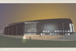 Arata Isozaki. Nara Convention Hall, Nara, Japan, Exterior perspective. 1992. Synthetic polymer paint on computer-generated print, 21 3/4 × 37 1/4ʺ (55.2 × 94.6 cm) (comp.). Gift of the architect. © 2016 Arata Isozaki