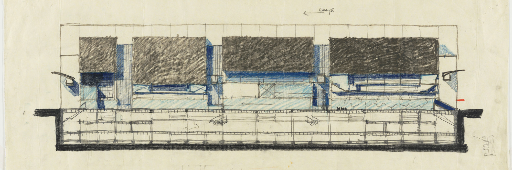 Rafael Viñoly. Tokyo International Forum, 1989–1996, Tokyo, Japan, East elevation of theater structures, sketch. 1989. Architectural Firm: Rafael Viñoly Architects. Crayon and graphite on tracing paper, 12 × 31 3/4″ (30.5 × 80.6 cm). Gift of the architect