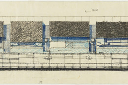Rafael Viñoly. Tokyo International Forum, 1989–1996, Tokyo, Japan, East elevation of theater structures, sketch. 1989. Architectural Firm: Rafael Viñoly Architects. Crayon and graphite on tracing paper, 12 × 31 3/4″ (30.5 × 80.6 cm). Gift of the architect