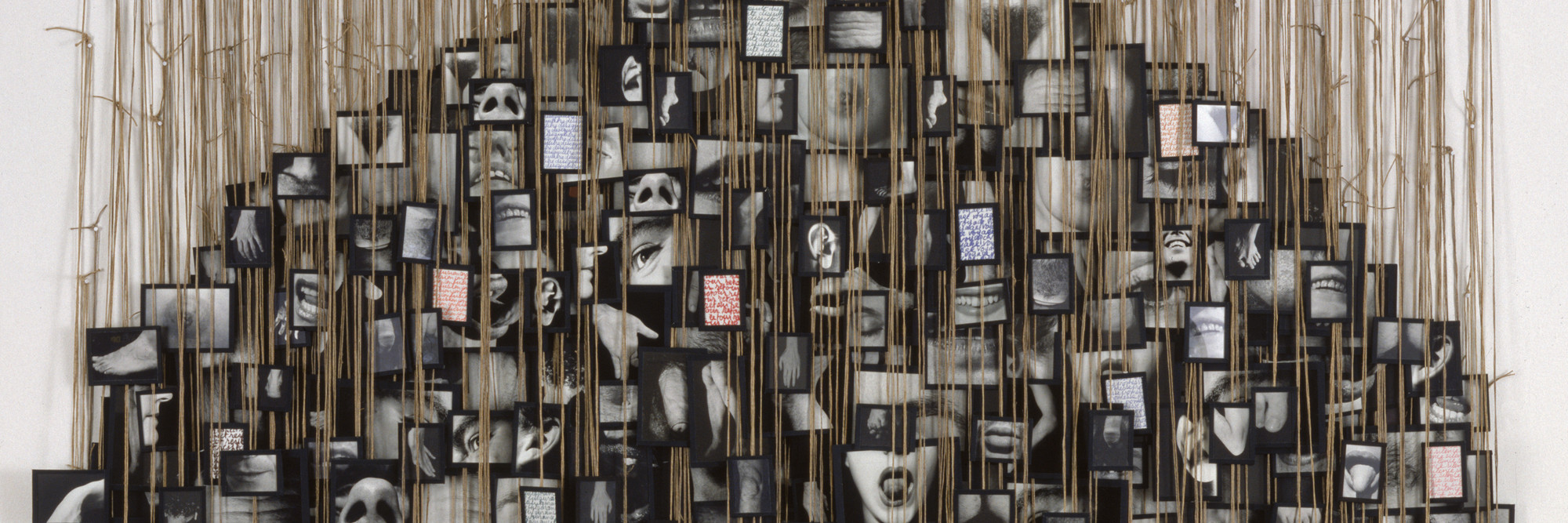 Annette Messager. My Vows. 1988–91. Gelatin silver prints, colored pencil on paper, glass, tape, string, and pushpins. Overall approximately 11′ 8 1/4″ × 6′ 6 3/4″ (356.2 × 200 cm). Gift of the Peter Norton Family Foundation. © 2016 Artists Rights Society (ARS), New York / ADAGP, Paris