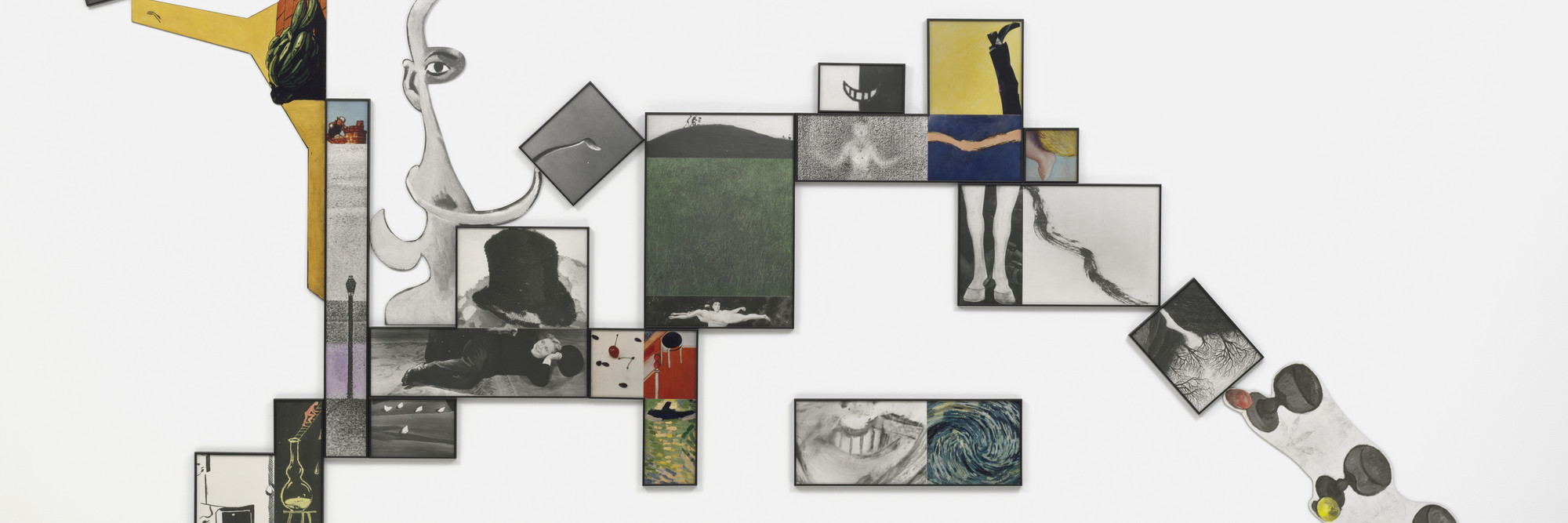 John Baldessari. e.g., Grass, Water Heater, Mouths, &amp; etc. (for John Graham). 1994. Gelatin silver prints, color prints, and oil stain. Overall 15ʹ 10ʺ × 8ʹ 2ʺ (482.6 × 249 cm). Gift of Jo Carole and Ronald S. Lauder, The Cowles Charitable Trust Fund, and Jeanne C. Thayer Fund. © 2016 John Baldessari. Photo: Jonathan Muzikar