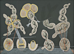 Max Ernst. The Gramineous Bicycle Garnished with Bells the Dappled Fire Damps and the Echinoderms Bending the Spine to Look for Caresses. c. 1921. Gouache, ink, and pencil on printed paper on paperboard, 29 1/4 × 39 1/4ʺ (74.3 × 99.7 cm). Purchase. © 2016 Artists Rights Society (ARS), New York / ADAGP, Paris