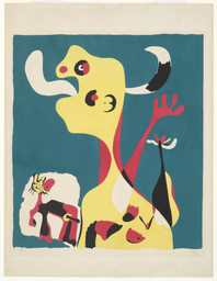 Joan Miró. Woman and Dog in Front of the Moon (Femme et chien devant la lune). 1935, published 1936. Pochoir, composition: 20 3/16 × 17 7/8″ (51.3 × 45.4 cm); sheet: 25 11/16 × 19 5/8″ (65 × 49.8 cm). Publisher: Group Adlan, Barcelona. Printer: unknown. Edition: 60. Gift of Mr. and Mrs. Eugene Victor Thaw (by exchange). © 2016 Successió Miró / Artists Rights Society (ARS), New York / ADAGP, Paris