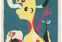 Joan Miró. Woman and Dog in Front of the Moon (Femme et chien devant la lune). 1935, published 1936. Pochoir, composition: 20 3/16 × 17 7/8″ (51.3 × 45.4 cm); sheet: 25 11/16 × 19 5/8″ (65 × 49.8 cm). Publisher: Group Adlan, Barcelona. Printer: unknown. Edition: 60. Gift of Mr. and Mrs. Eugene Victor Thaw (by exchange). © 2016 Successió Miró / Artists Rights Society (ARS), New York / ADAGP, Paris
