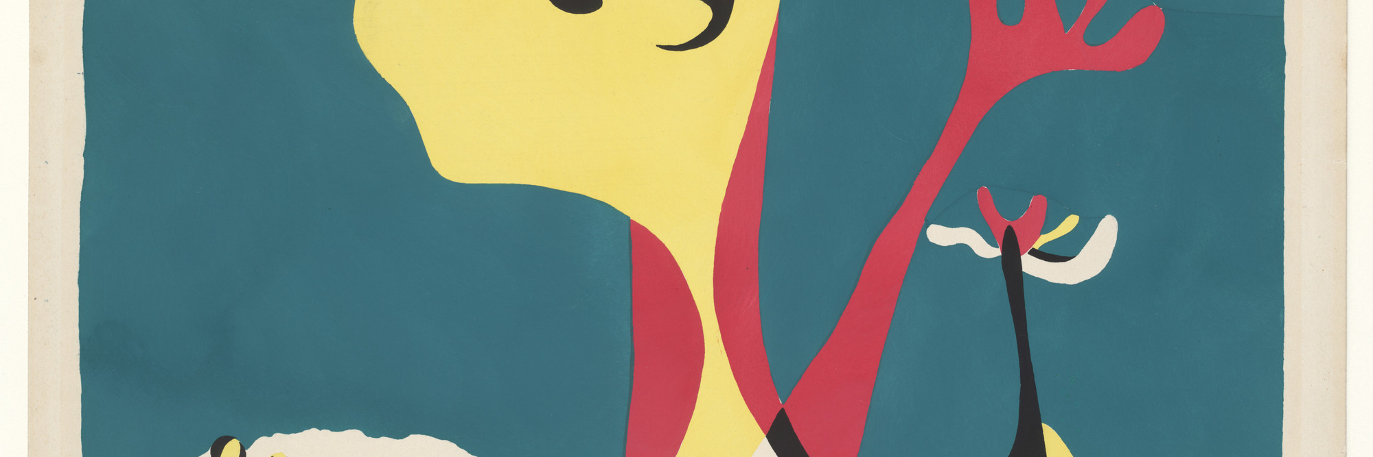 Joan Miró. Woman and Dog in Front of the Moon (Femme et chien devant la lune). 1935, published 1936. Pochoir, composition: 20 3/16 × 17 7/8″ (51.3 × 45.4 cm); sheet: 25 11/16 × 19 5/8″ (65 × 49.8 cm). Publisher: Group Adlan, Barcelona. Printer: unknown. Edition: 60. Gift of Mr. and Mrs. Eugene Victor Thaw (by exchange). © 2016 Successió Miró / Artists Rights Society (ARS), New York / ADAGP, Paris
