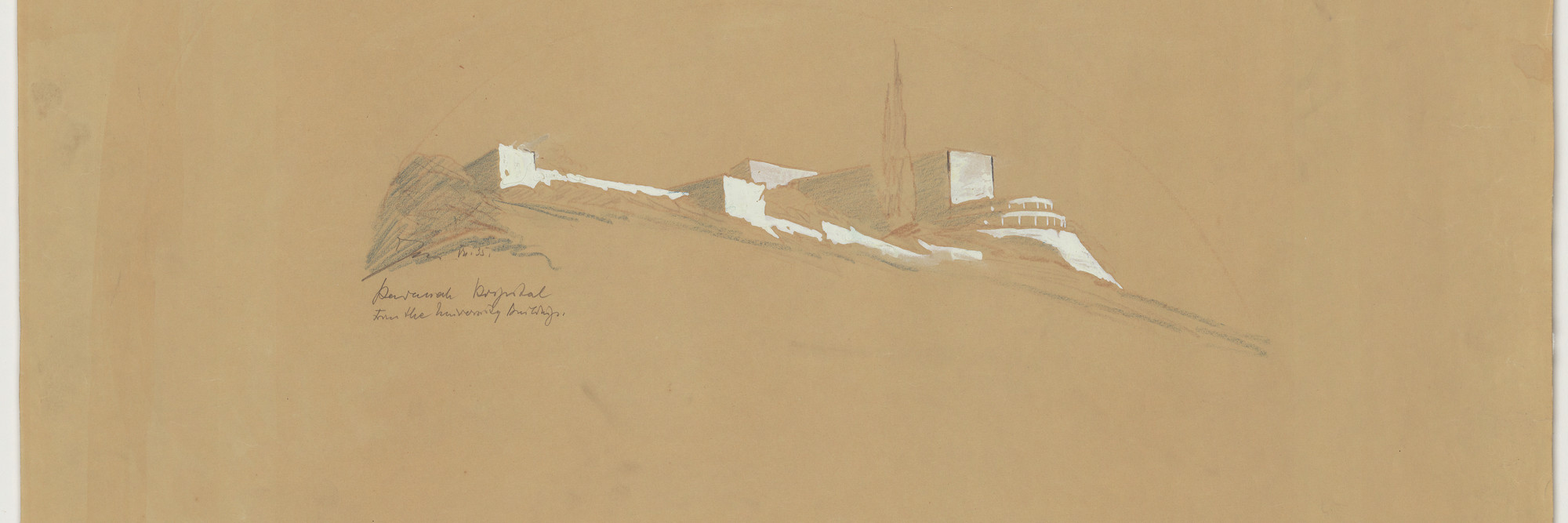 Erich Mendelsohn. Hadassah University Hospital, Mount Scopus, Jerusalem, Exterior perspective of northwest corner from University Building. 1935. Crayon, graphite, and gouache on sepia diazotype, 21 1/4 × 23 3/4″ (54 × 60.3 cm). Gift of Milton Scheingarten