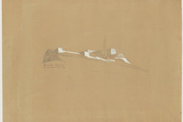 Erich Mendelsohn. Hadassah University Hospital, Mount Scopus, Jerusalem, Exterior perspective of northwest corner from University Building. 1935. Crayon, graphite, and gouache on sepia diazotype, 21 1/4 × 23 3/4″ (54 × 60.3 cm). Gift of Milton Scheingarten