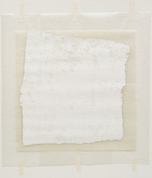 Robert Ryman. Surface Veil. 1970. Oil on fiberglass with waxed paper frame and masking tape, fiberglass sheet 13 × 13″ (33 × 33 cm) overall sheet 18 1/2 × 15″ (47 × 38 cm). Gift of the Denise and Andrew Saul Fund and the Scaler Foundation. © 2016 Robert Ryman