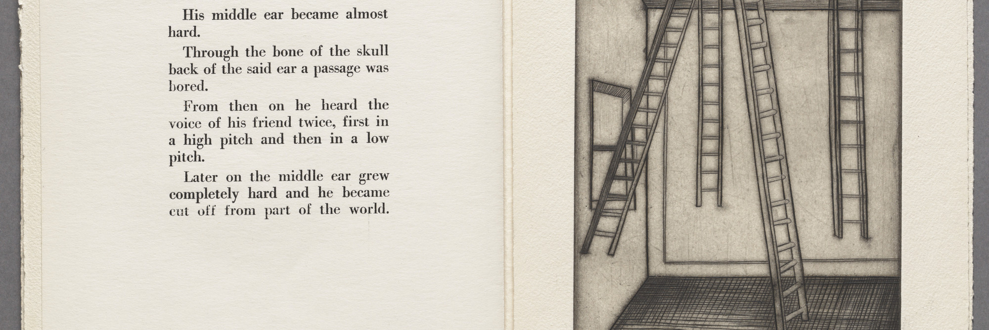 Louise Bourgeois. Untitled, plate 8 of 9, from the illustrated book He Disappeared into Complete Silence. 1947. Author: the artist. Engraving and drypoint, page: 10 × 6 7/8″ (25 × 17.5 cm). Publisher: Gemor Press, New York. Printer: The artist at Atelier 17, New York. Abby Aldrich Rockefeller Fund. © 2016 The Easton Foundation/Licensed by VAGA, NY. Photo: Peter Butler