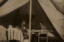 Alexander Gardner. The President (Abraham Lincoln) and General McClellan on the Battlefield of Antietam. 1862. Gelatin silver print, printed later; 19 1/2 × 15 3/4″ (49.5 × 40.0 cm). Gift of Carl Sandburg and Edward Steichen