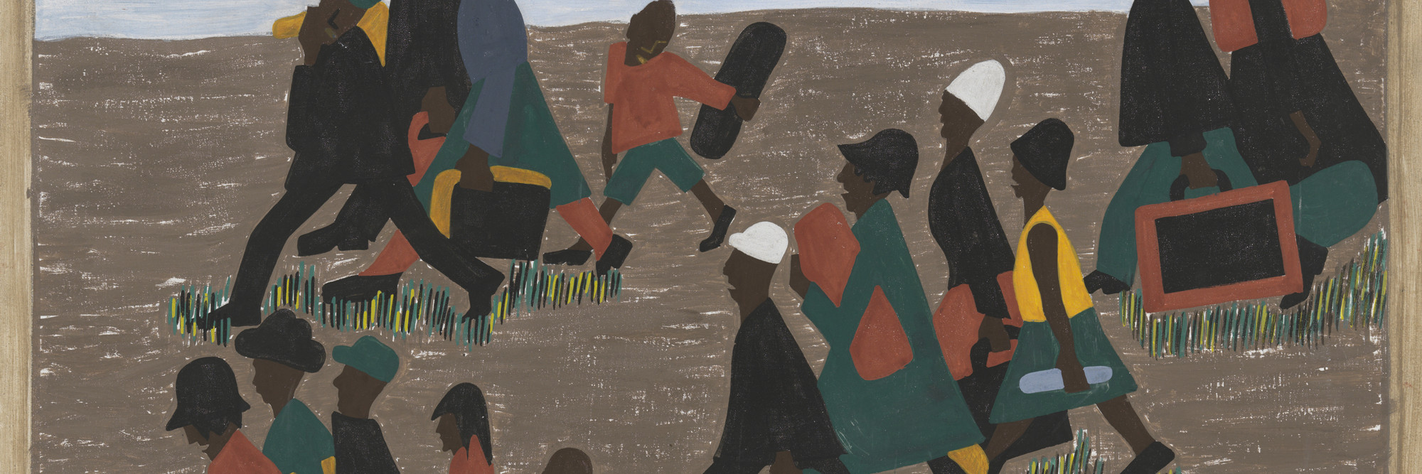 Jacob Lawrence. The migrants arrived in great numbers (panel 40 of 60). 1940–41. Casein tempera on hardboard, 12 × 18″ (30.5 × 45.7 cm). Gift of Mrs. David M. Levy. © 2016 Jacob Lawrence / Artists Rights Society (ARS), New York