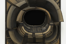Lee Bontecou. Untitled. 1961. Welded steel, canvas, black fabric, rawhide, copper wire, and soot, 6′ 8 1/4″ × 7′ 5&#34; × 34 3/4″ (203.6 × 226 × 88 cm). Kay Sage Tanguy Fund. © 2016 Lee Bontecou. Photo: Jonathan Muzikar