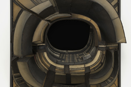 Lee Bontecou. Untitled. 1961. Welded steel, canvas, black fabric, rawhide, copper wire, and soot, 6′ 8 1/4″ × 7′ 5&#34; × 34 3/4″ (203.6 × 226 × 88 cm). Kay Sage Tanguy Fund. © 2016 Lee Bontecou. Photo: Jonathan Muzikar