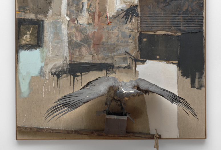 Robert Rauschenberg. Canyon. 1959. Oil, pencil, paper, metal, photograph, fabric, wood, canvas, buttons, mirror, taxidermied eagle, cardboard, pillow, paint tube and other materials, 81 3/4 × 70 × 24″ (207.6 × 177.8 x 61 cm). Gift of the family of Ileana Sonnabend. © 2016 Robert Rauschenberg Foundation/Licensed by VAGA, New York, NY