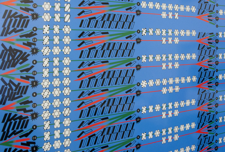 Lawrence Abu Hamdan. Conflicted Phonemes. 2012. Vinyl wall print, nine A4 sized vinyl prints, and nine stacks of printed A4 paper, sheet: 105 x 81" (266.7 x 205.7 cm). Fund for the Twenty-First Century. © 2016 Lawrence Abu Hamdan