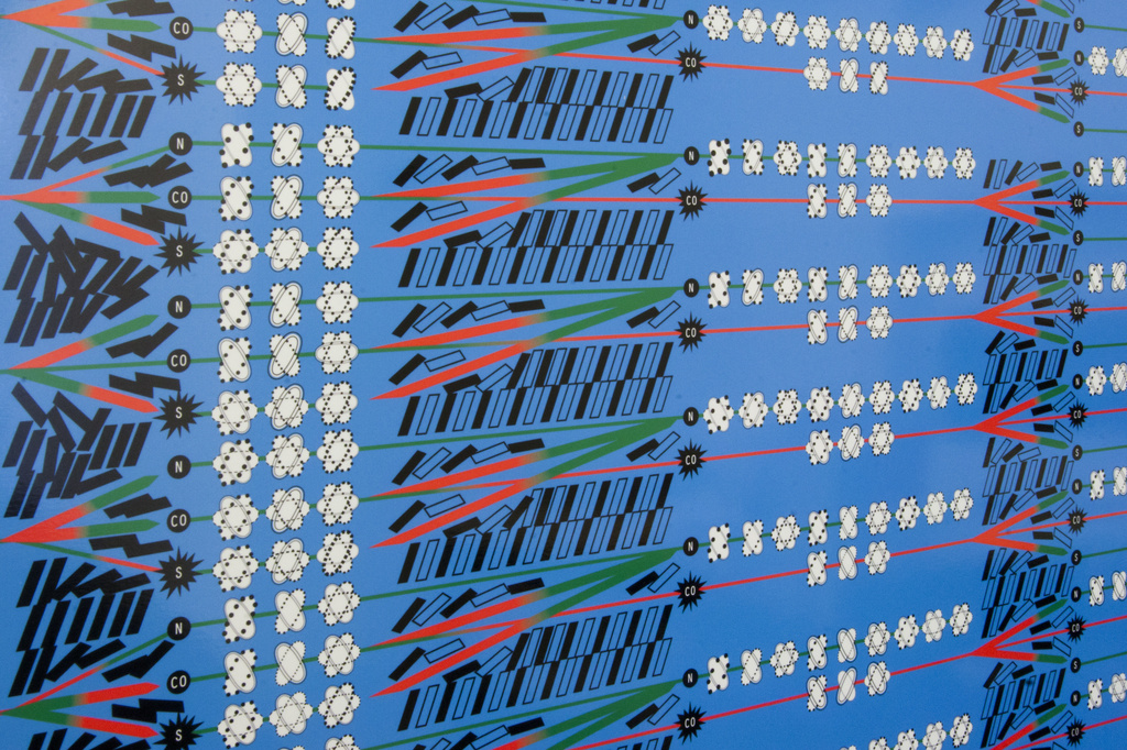 Lawrence Abu Hamdan. Conflicted Phonemes. 2012. Vinyl wall print, nine A4 sized vinyl prints, and nine stacks of printed A4 paper, sheet: 105 x 81" (266.7 x 205.7 cm). Fund for the Twenty-First Century. © 2016 Lawrence Abu Hamdan