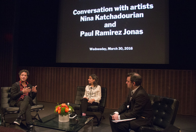 Conversation with artists Nina Katchadourian and Paul Ramirez Jonas, March 30, 2016, The Museum of Modern Art. Photo: Manuel Molina Martagon © 2016 The Museum of Modern Art, New York
