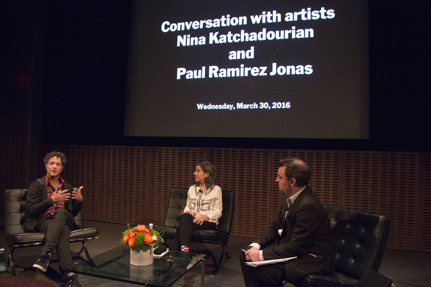 Conversation with artists Nina Katchadourian and Paul Ramirez Jonas, March 30, 2016, The Museum of Modern Art. Photo: Manuel Molina Martagon © 2016 The Museum of Modern Art, New York