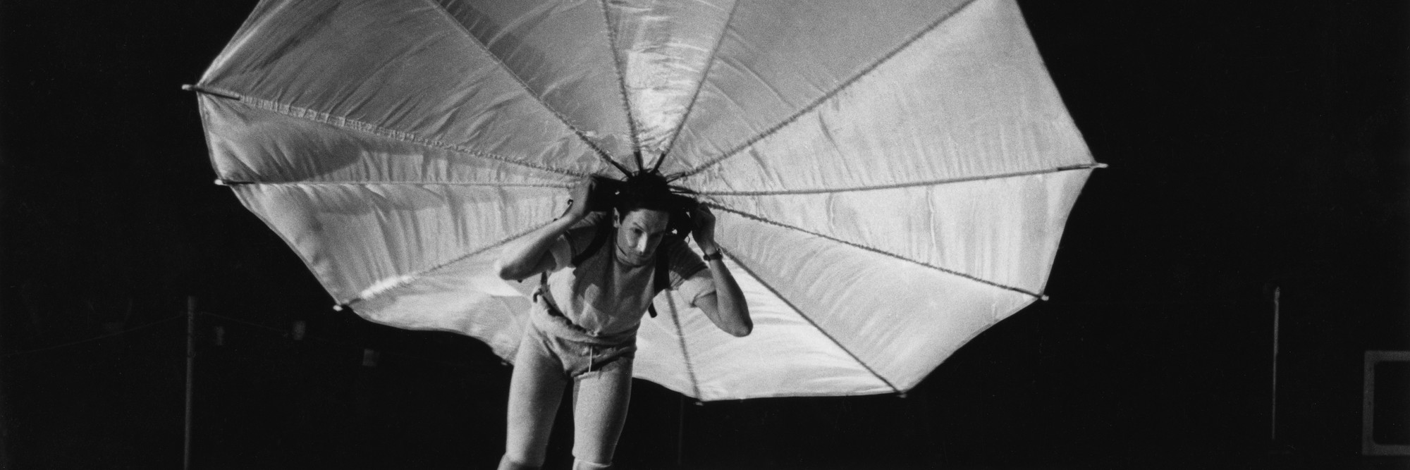 Peter Moore. Photograph of Robert Rauschenberg’s Pelican (1963) as performed in a former CBS television studio, New York, during the First New York Theater Rally, May 1965. © Barbara Moore/Licensed by VAGA, New York, NY, courtesy Paula Cooper Gallery, New York.