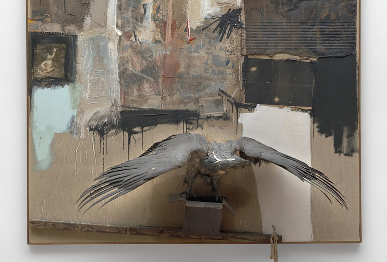 Robert Rauschenberg. Canyon. 1959. Oil, pencil, paper, metal, photograph, fabric, wood, canvas, buttons, mirror, taxidermied eagle, cardboard, pillow, paint tube, and other materials, 81 3/4 × 70 × 24″ (207.6 × 177.8 × 61 cm). Gift of the family of Ileana Sonnabend. © 2016 Robert Rauschenberg Foundation