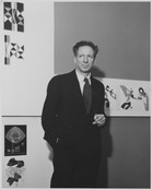 Herbert Matter at the exhibition Four American Graphic Designers, The Museum of Modern Art, New York, February 9, 1954–April 4, 1954. Gelatin silver print, 7 1/2 x 9 1/2&#34; (19.1 x 24.1 cm). The Museum of Modern Art Archives