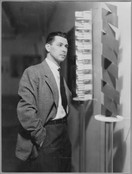 Herbert Bayer at the exhibition Bauhaus: 1919–1928, The Museum of Modern Art, New York, December 7, 1938–January 30, 1939. Gelatin silver print, 7 × 9 1/2&#34; (17.7 × 24.1 cm). The Museum of Modern Art Archives