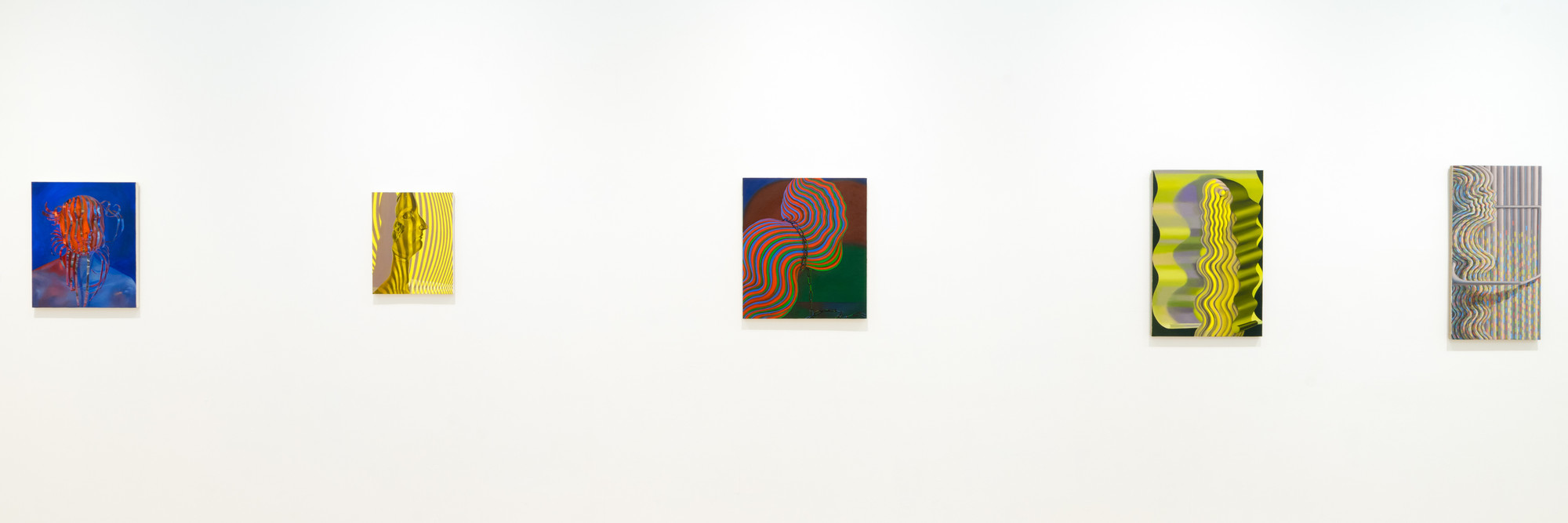 Installation view of Sascha Braunig: Shivers, MoMA PS1, October 23, 2016–March 12, 2017. Shown, from left: Sascha Braunig. Lashes. 2011. Oil on panel over canvas. Zabludowicz Collection; Gold Warp I. 2010. Oil on canvas. Private collection; Bridle. 2013. Oil on canvas over panel. Private collection; Shade. 2014. Oil on linen over panel. Collection of Scott J. Lorinsky; Feeder. 2014. Oil on canvas over panel. Private collection. Photo: Pablo Enriquez