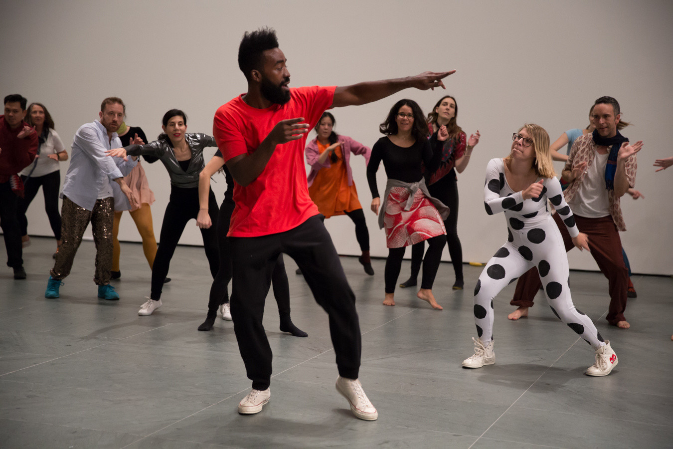 Rehearsal for Artist’s Choice: Jérôme Bel/MoMA Dance Company (October 27–31, 2016), The Museum of Modern Art, October 26, 2016. Pictured in front: Chet Gold. © 2016 Museum of Modern Art, New York. Photo: Julieta Cervantes