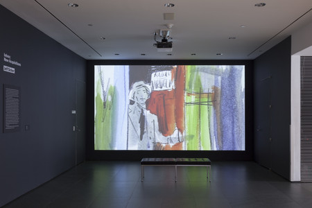 Installation view of Inbox: Jeff Scher. Shown: Jeff Scher. Pretty, Dead. 2010. Digital cinema. Purchase from the Artist. Photo: John Wronn
