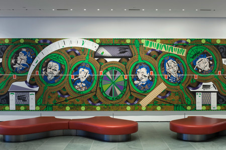 Installation view of the exhibition Public Spaces Changes 2014. Shown: Lari Pittman. Flying Carpet with Magic Mirrors for a Distorted Nation. 2013. Cel-vinyl, spray enamel on canvas over wood panel, in four parts, each 108 × 90″ (274.3 × 228.6 cm), overall 108 × 360 1/8″ (274.3 × 914.7 cm). Gift of the Steven and Alexandra Cohen Foundation, The Broad Art Foundation, and Jill and Peter Kraus. Photo: John Wronn