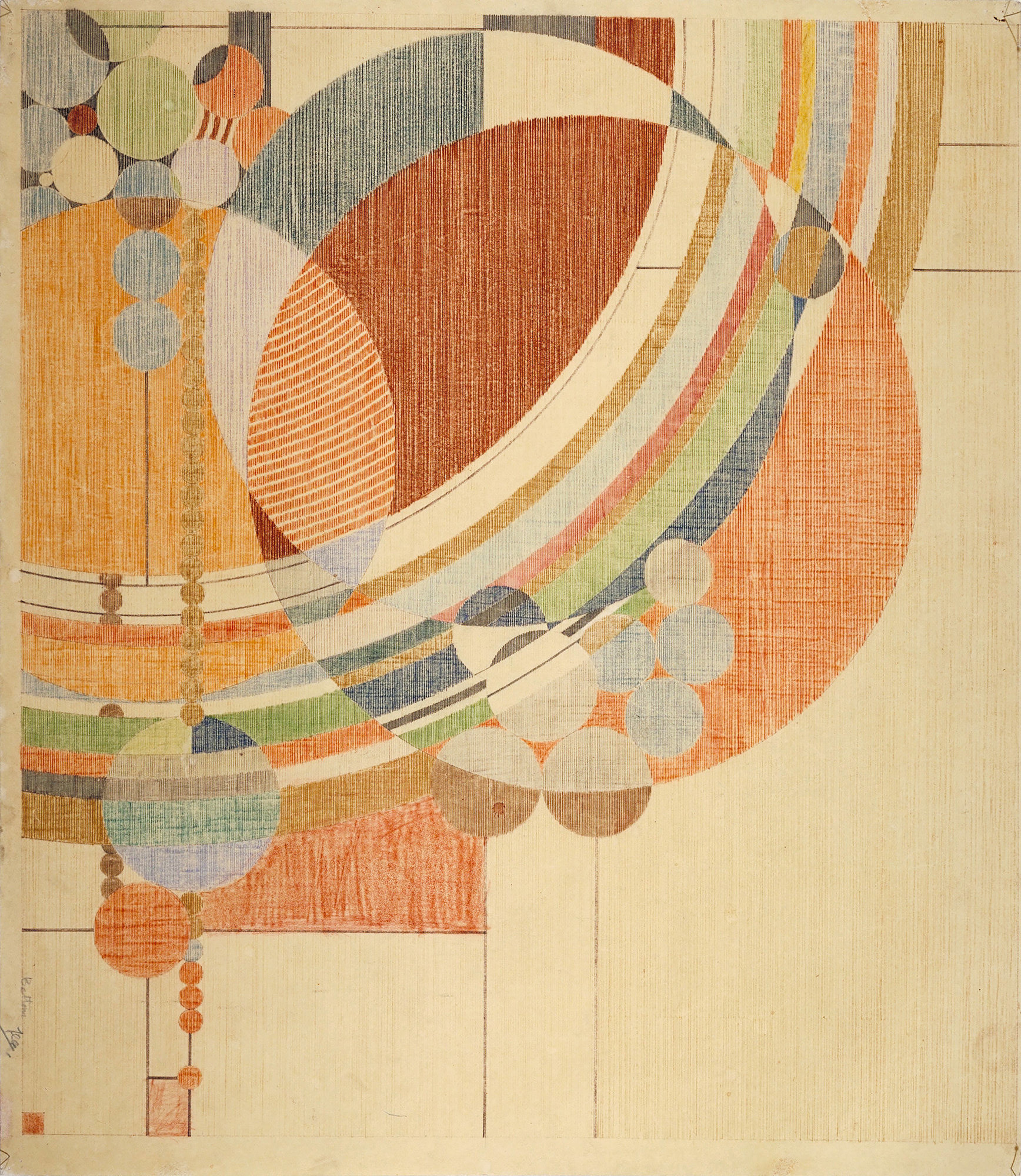 Frank Lloyd Wright. March Balloons. 1955. Drawing based on a c. 1926 design for Liberty magazine. Colored pencil on paper, 28 1/4 x 24 1/2" (71.8 x 62.2 cm). The Frank Lloyd Wright Foundation Archives (The Museum of Modern Art | Avery Architectural & Fine Arts Library, Columbia University, New York)