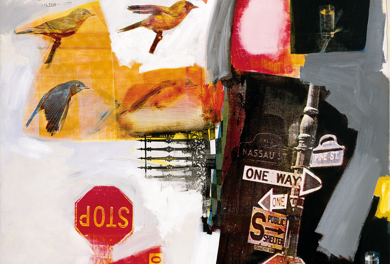 Robert Rauschenberg. Overdrive. 1963. Oil and silkscreen ink on canvas, 84 x 60". The Museum of Modern Art, New York. Promised gift of Glenn and Eva Dubin. © Robert Rauschenberg Foundation