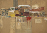 Robert Rauschenberg. Rebus. 1955. Oil, synthetic polymer paint, pencil, crayon, pastel, paper paint chips, printed and painted paper, newspaper, journal, poster clippings, comic strips, drawing by Cy Twombly, and fabric on canvas, mounted and stapled to fabric, three panels, 8&#39; × 10&#39; 11 1/8&#34; (243.8 × 333.1 cm). The Museum of Modern Art, New York. Partial and promised gift of Jo Carole and Ronald S. Lauder and bequest of Virginia C. Field, gift of Mr. and Mrs. Peter A. Rübel,and gift of Jay R. Braus (all by exchange). © 2017 Robert Rauschenberg Foundation