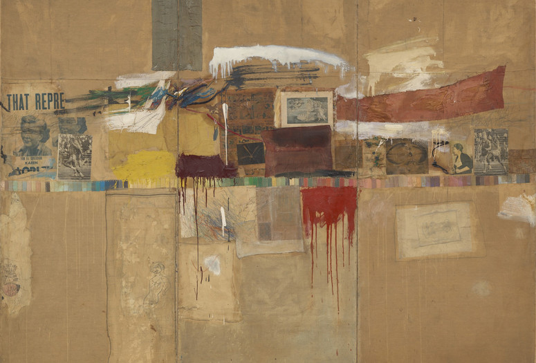 Robert Rauschenberg. Rebus. 1955. Oil, synthetic polymer paint, pencil, crayon, pastel, paper paint chips, printed and painted paper, newspaper, journal, poster clippings, comic strips, drawing by Cy Twombly, and fabric on canvas, mounted and stapled to fabric, three panels, 8' × 10' 11 1/8" (243.8 × 333.1 cm). The Museum of Modern Art, New York. Partial and promised gift of Jo Carole and Ronald S. Lauder and bequest of Virginia C. Field, gift of Mr. and Mrs. Peter A. Rübel,and gift of Jay R. Braus (all by exchange). © 2017 Robert Rauschenberg Foundation