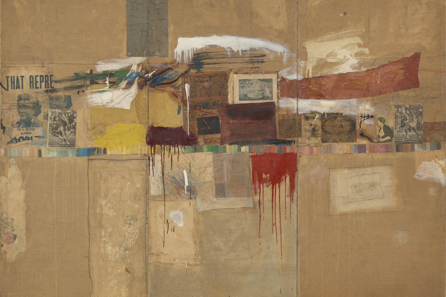Robert Rauschenberg. Rebus. 1955. Oil, synthetic polymer paint, pencil, crayon, pastel, paper paint chips, printed and painted paper, newspaper, journal, poster clippings, comic strips, drawing by Cy Twombly, and fabric on canvas, mounted and stapled to fabric, three panels, 8' × 10' 11 1/8" (243.8 × 333.1 cm). The Museum of Modern Art, New York. Partial and promised gift of Jo Carole and Ronald S. Lauder and bequest of Virginia C. Field, gift of Mr. and Mrs. Peter A. Rübel,and gift of Jay R. Braus (all by exchange). © 2017 Robert Rauschenberg Foundation