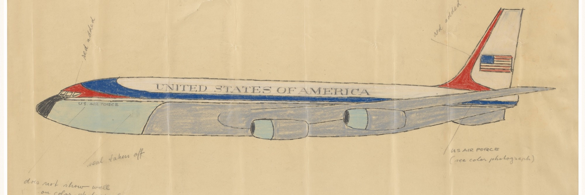 Raymond Loewy. Livery Design for Air Force One. 1962. Gouache, colored pencil, graphite on paper, 10 1/2 × 22″ (26.7 × 55.9 cm). Gift of Jo Carole and Ronald S. Lauder