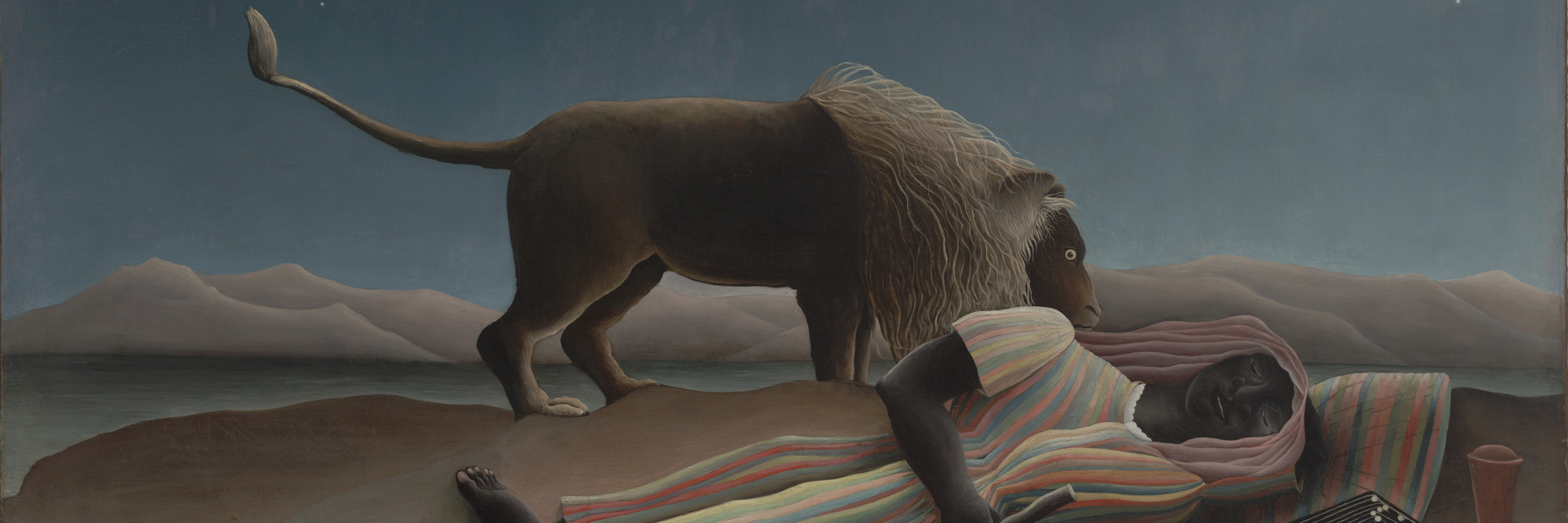 Henri Rousseau. The Sleeping Gypsy. 1897. Oil on canvas, 51″ × 6′ 7″ (129.5 × 200.7 cm). Gift of Mrs. Simon Guggenheim. Photo: Thomas Griesel